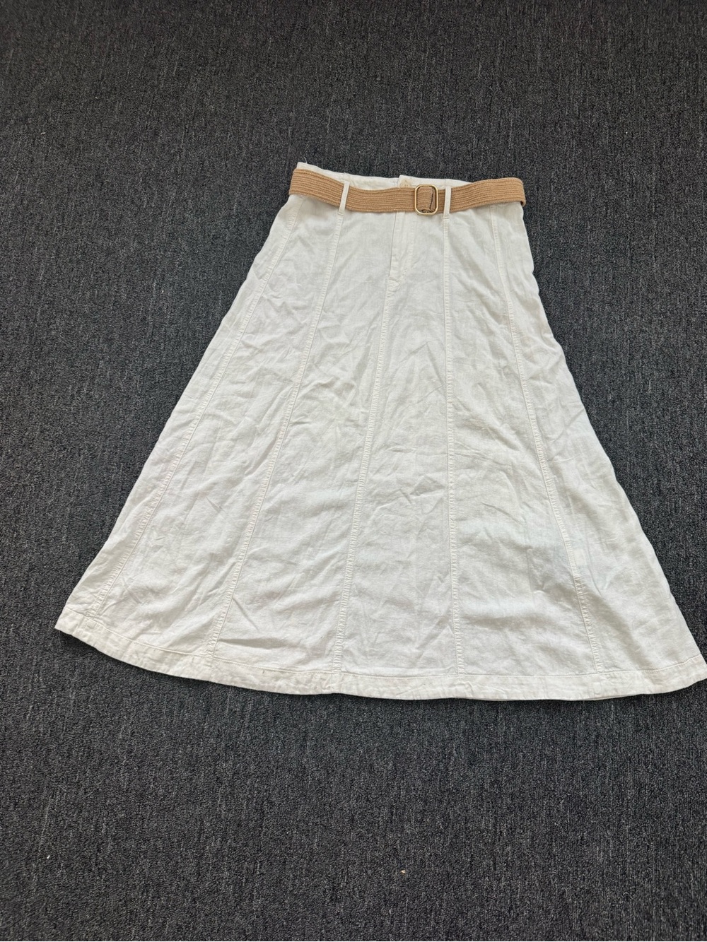 Zara White A-Line Midi Skirt with Tan Belt